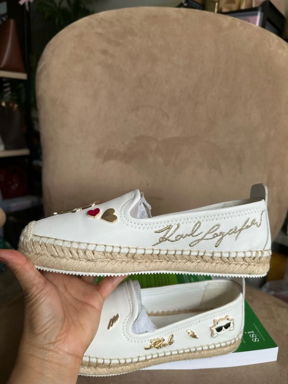 Karl Lagerfeld White Espadrille Slip-On Flats w/ Enamel Charms US6.5 New w/o Box